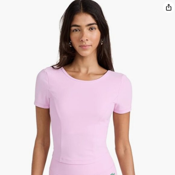 Women's Lacoste x Bandier Rib Short Sleeve Bra Top in Pink- S - Picture 2 of 9